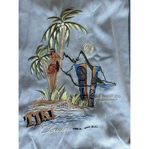 CLUB TIKI Men's 100% Silk Short Sleeve Button Down Hawaiian Luau Embroidery L